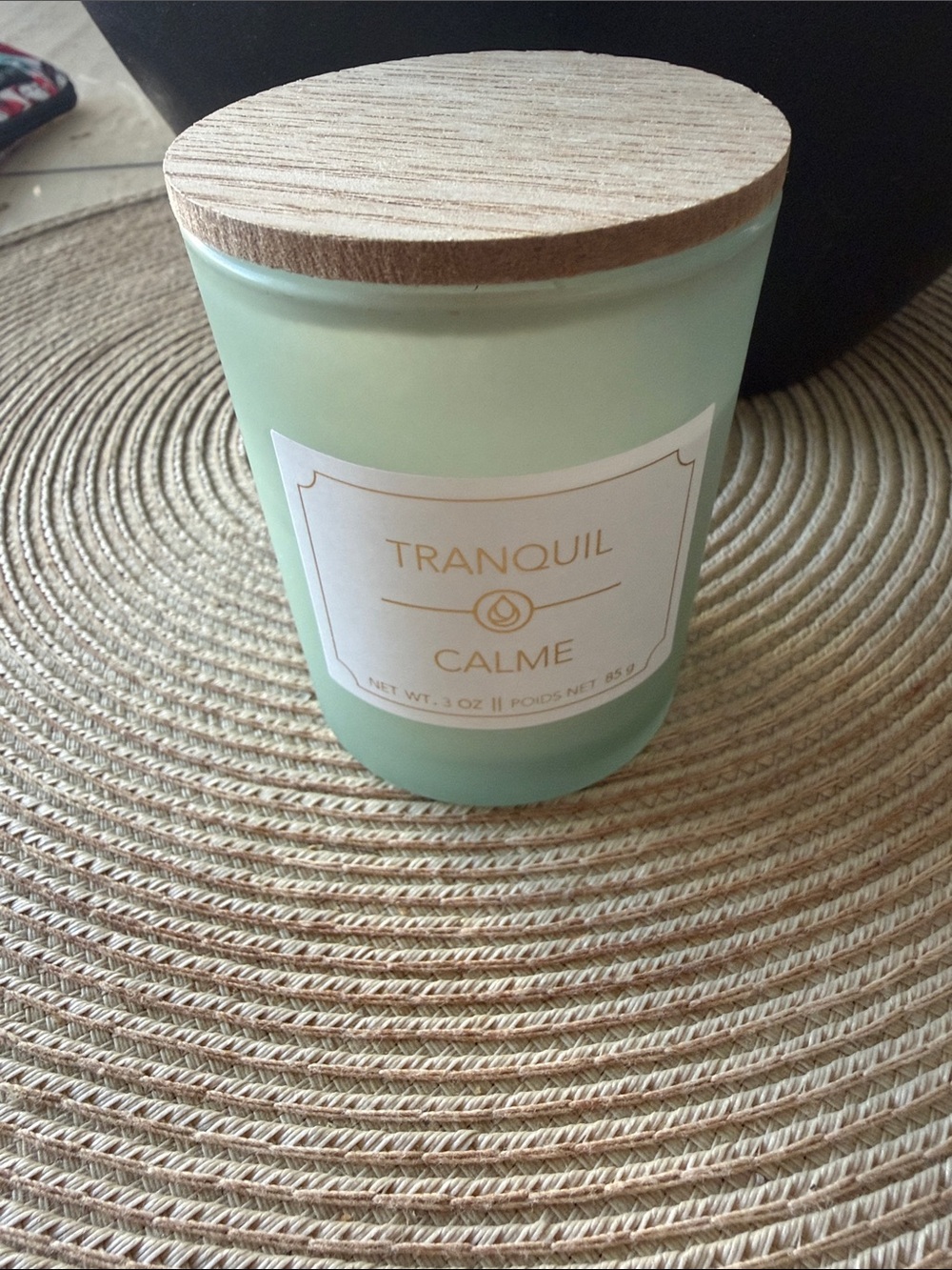 Tranquil & Calme Frosted Green Spa Scented Candle with Wood Lid 3 Oz.